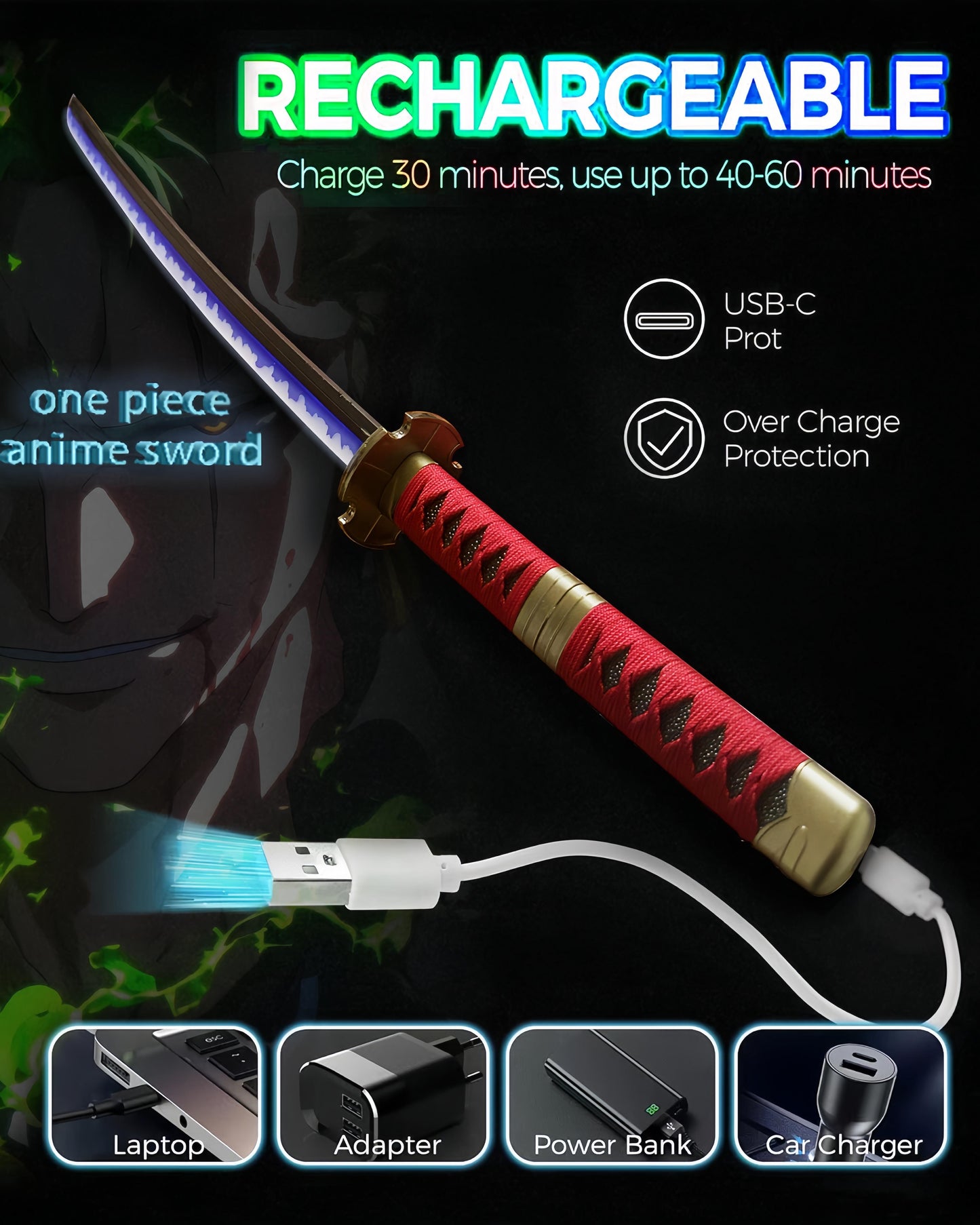 2.0 Upgraded Light Up One Piece Sandai Kitetsu Sword - 40 inches Plastic Anime cosplay prop with Belt & Stand